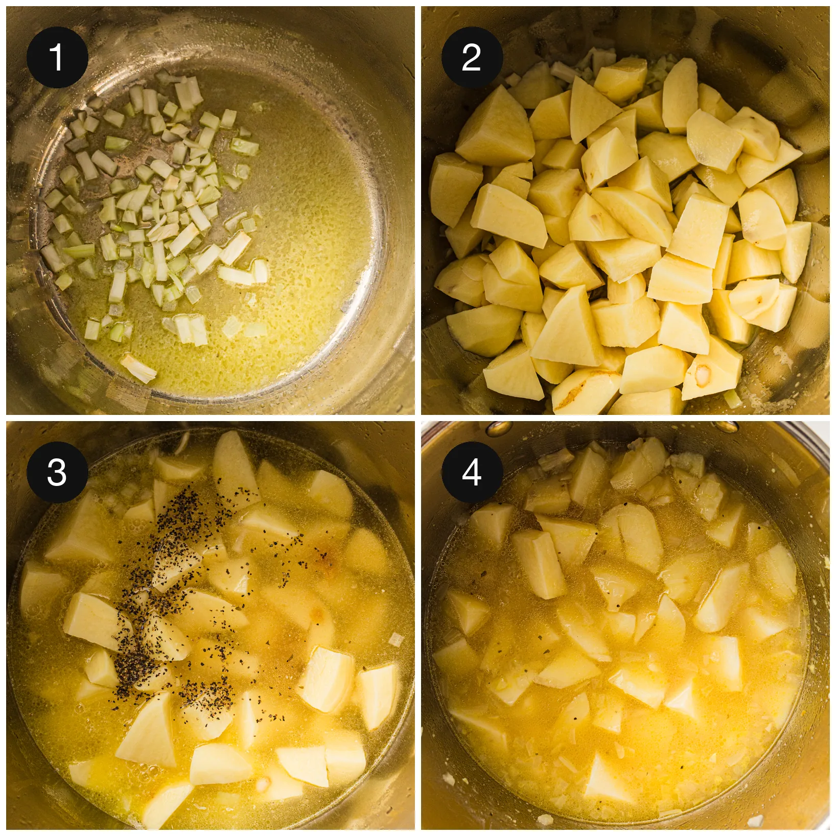 Onion softening in butter, then diced chunks going into the pan with stock and seasoning