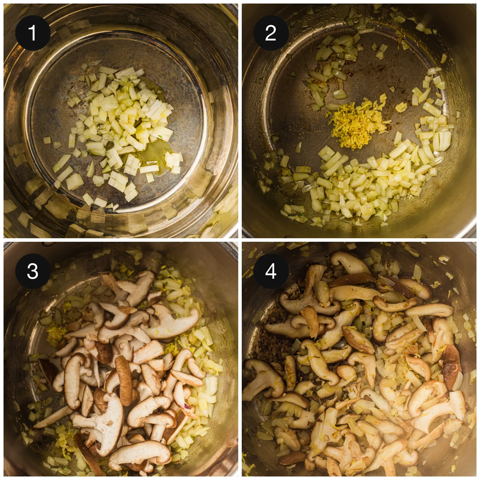 Diced onion softening in the pan, then garlic and ginger stirred through