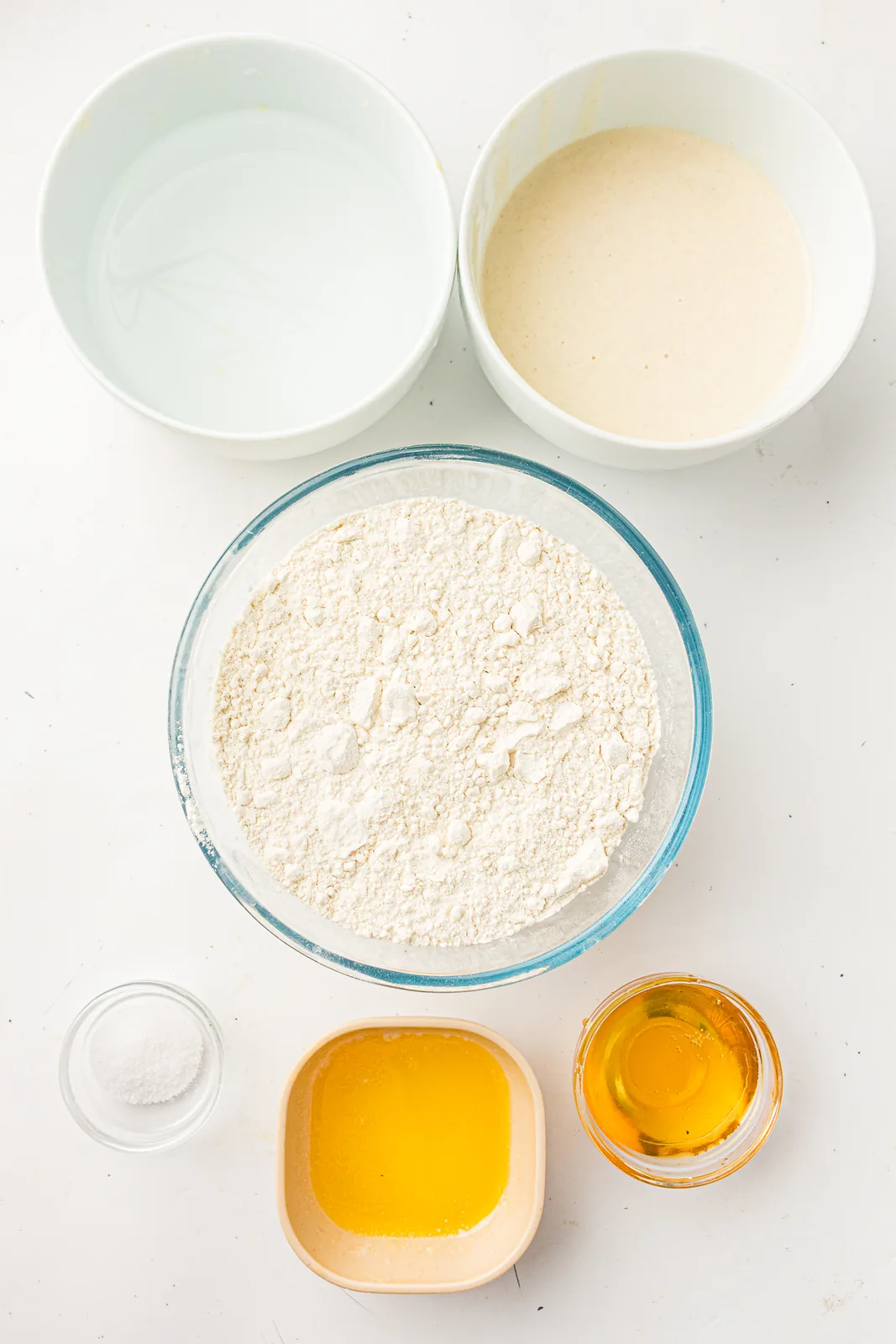 Ingredients for sourdough dinner rolls: starter, warm milk, bread flour, melted butter, honey and salt