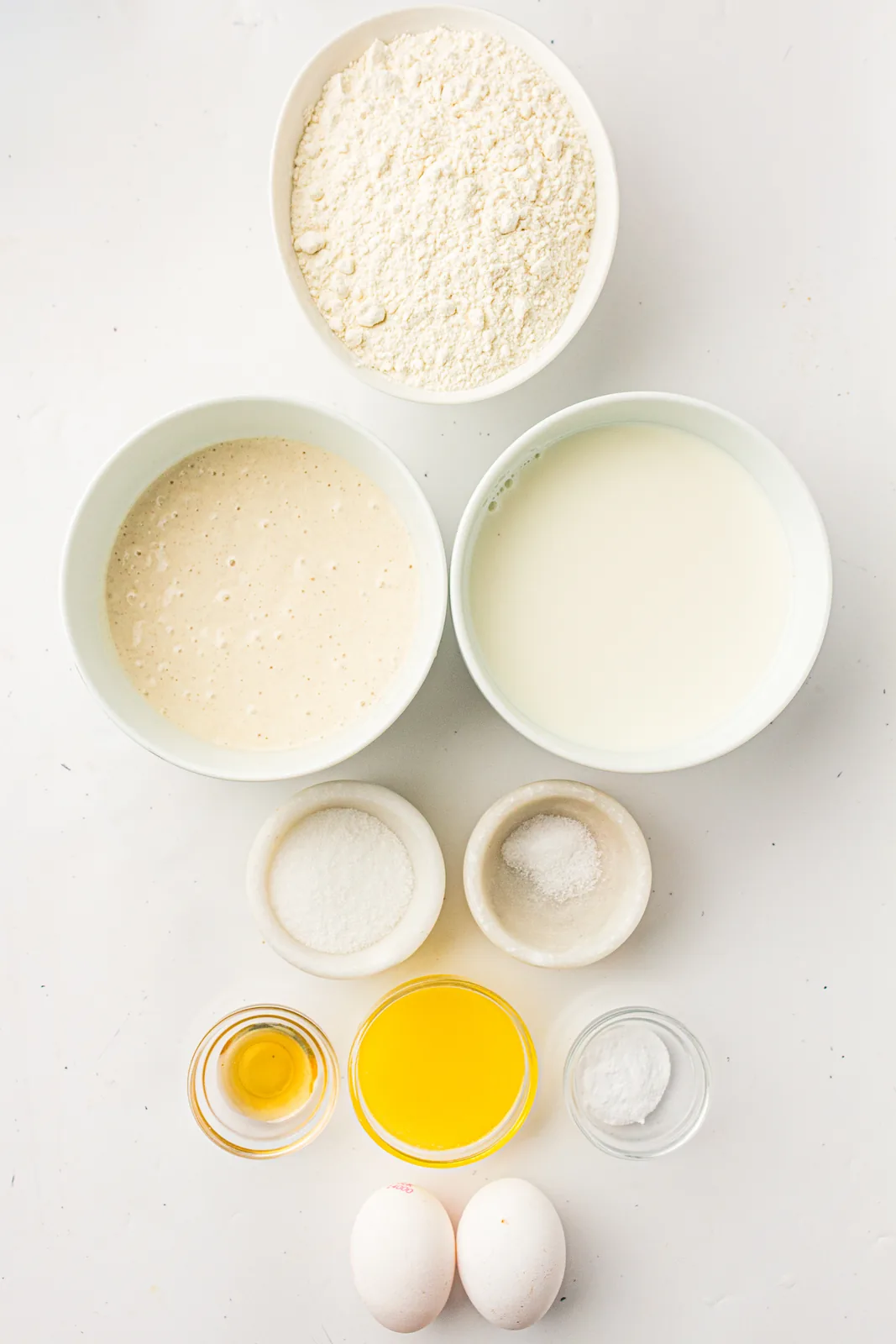 Ingredients for sourdough discard waffles: starter, milk, eggs, butter, flour and vanilla