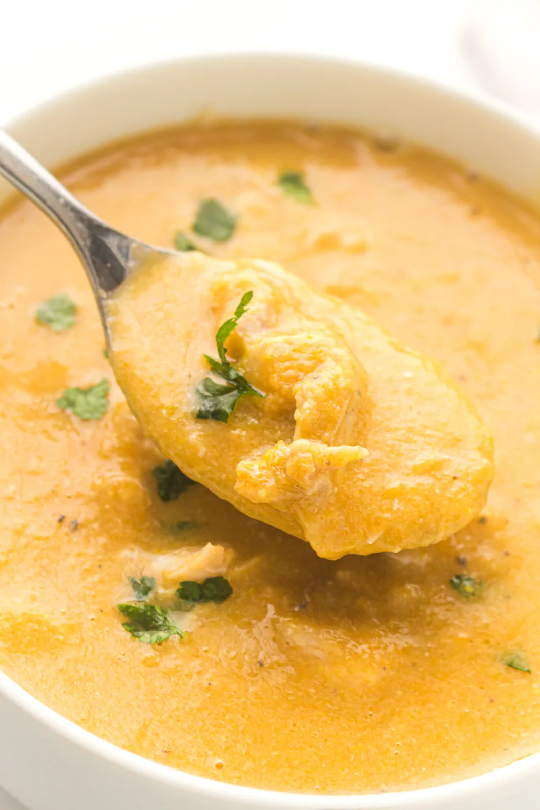 A spoonful of the golden blended broth lifted from the bowl