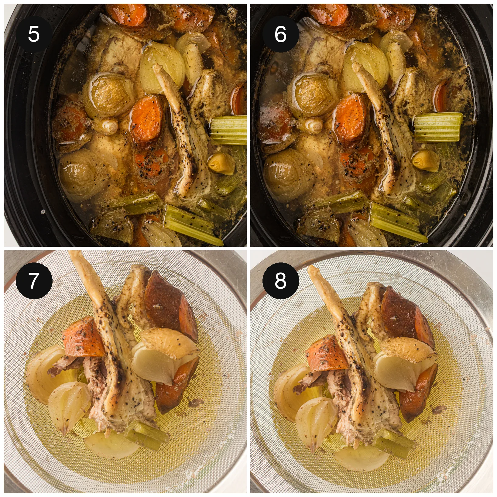 The cooked pot being ladled through a fine sieve into a bowl