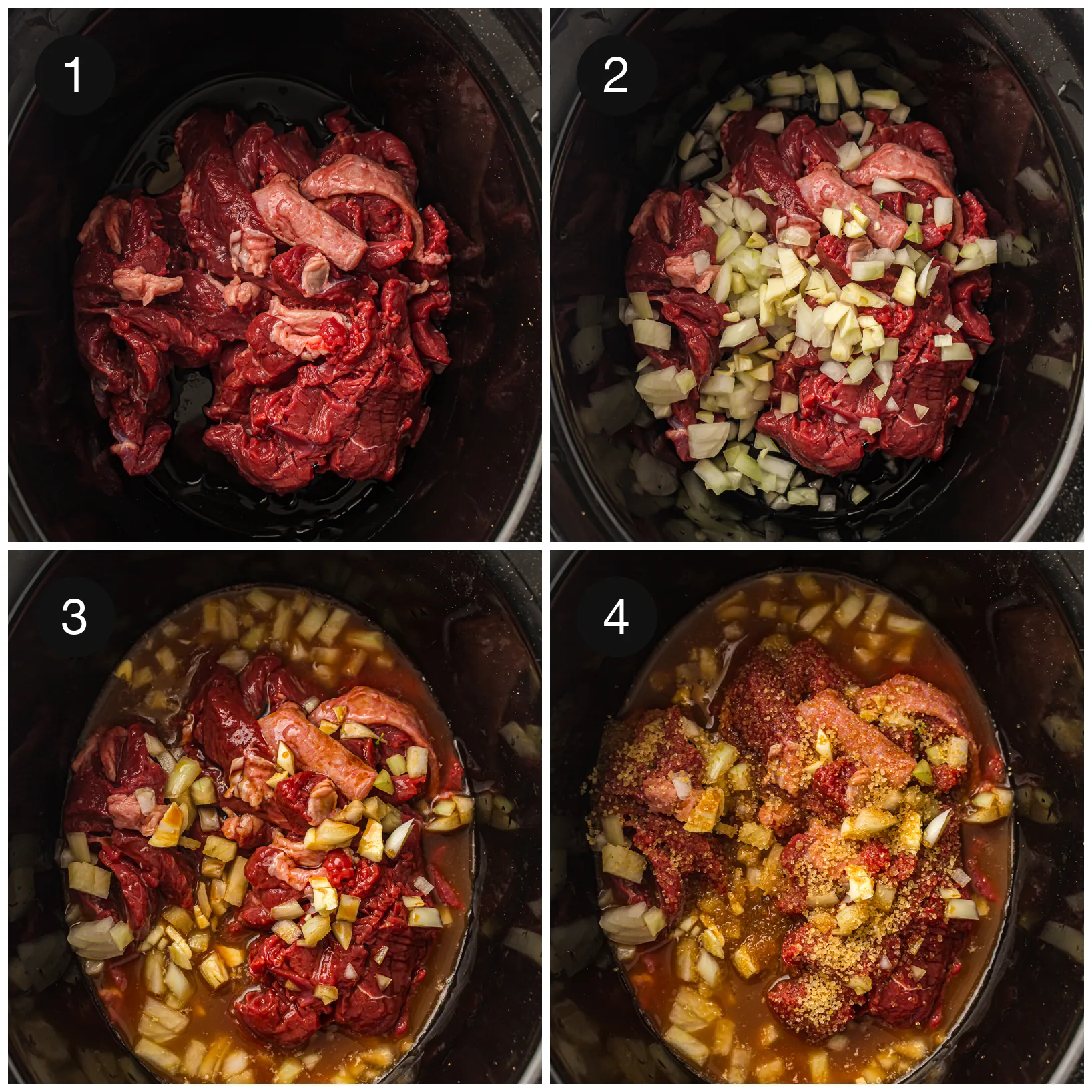 Sliced steak, diced onion and sauce going into the pot together