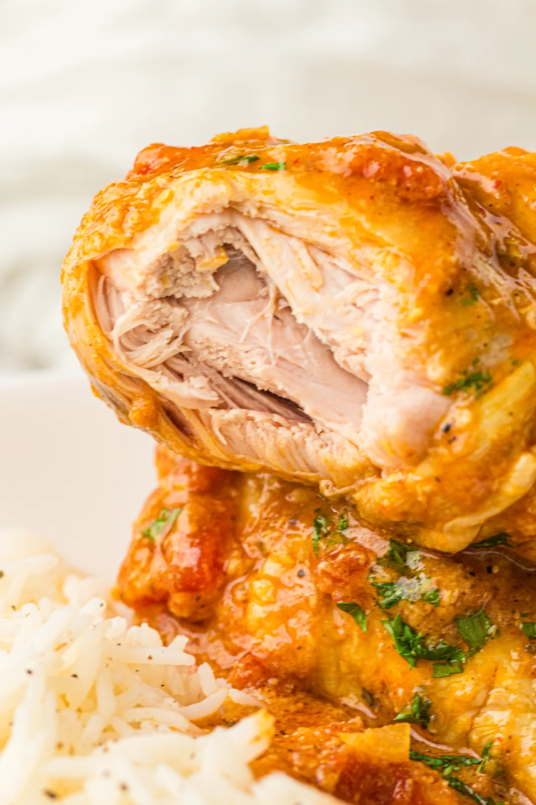 Tender meat pulling away from the bone over a bed of rice