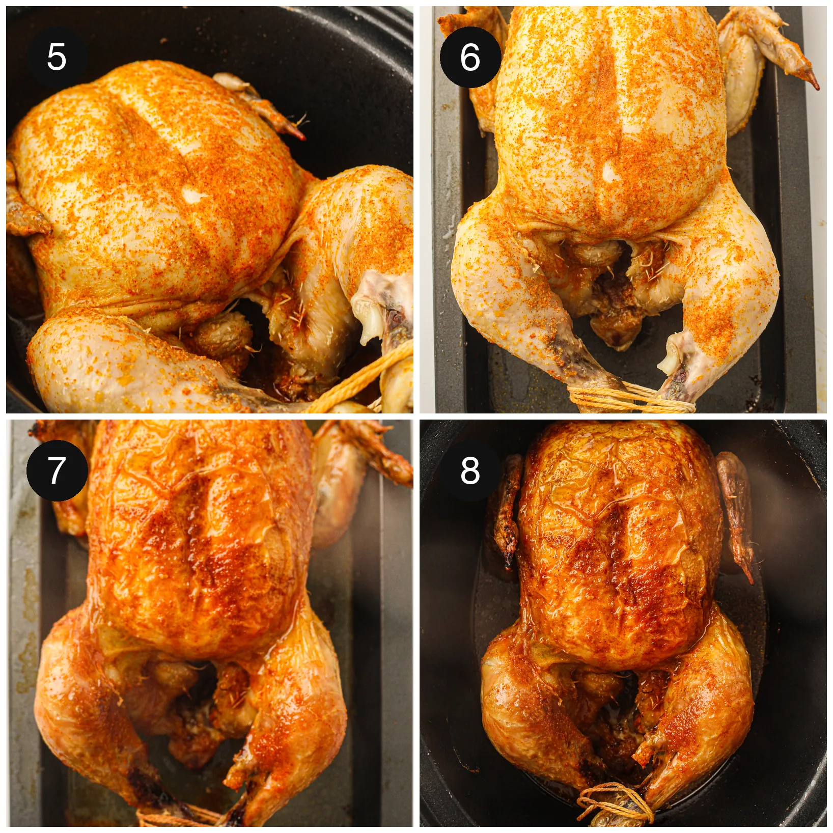The seasoned bird before the long cook and the tender result afterwards