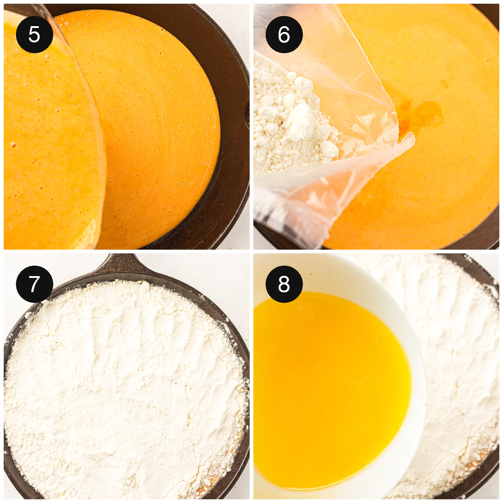The orange custard poured into the dish, then dry cake mix scattered over the surface