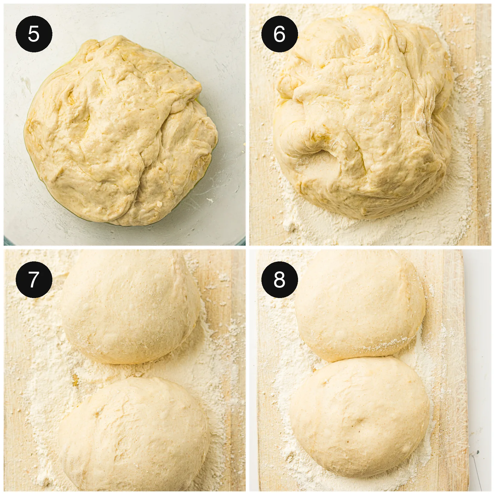 The risen dough divided into two balls resting on a floured board