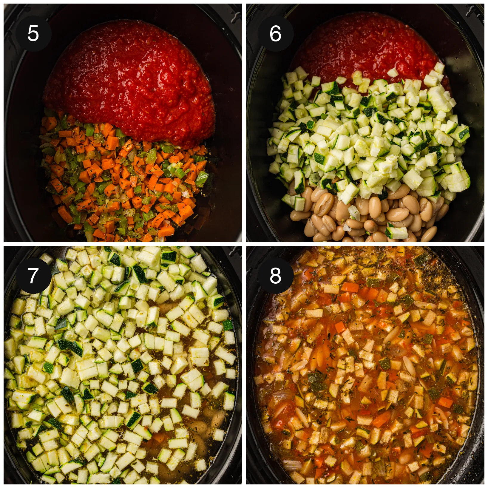 Tinned tomatoes, beans and diced courgette added to the pot and stirred through