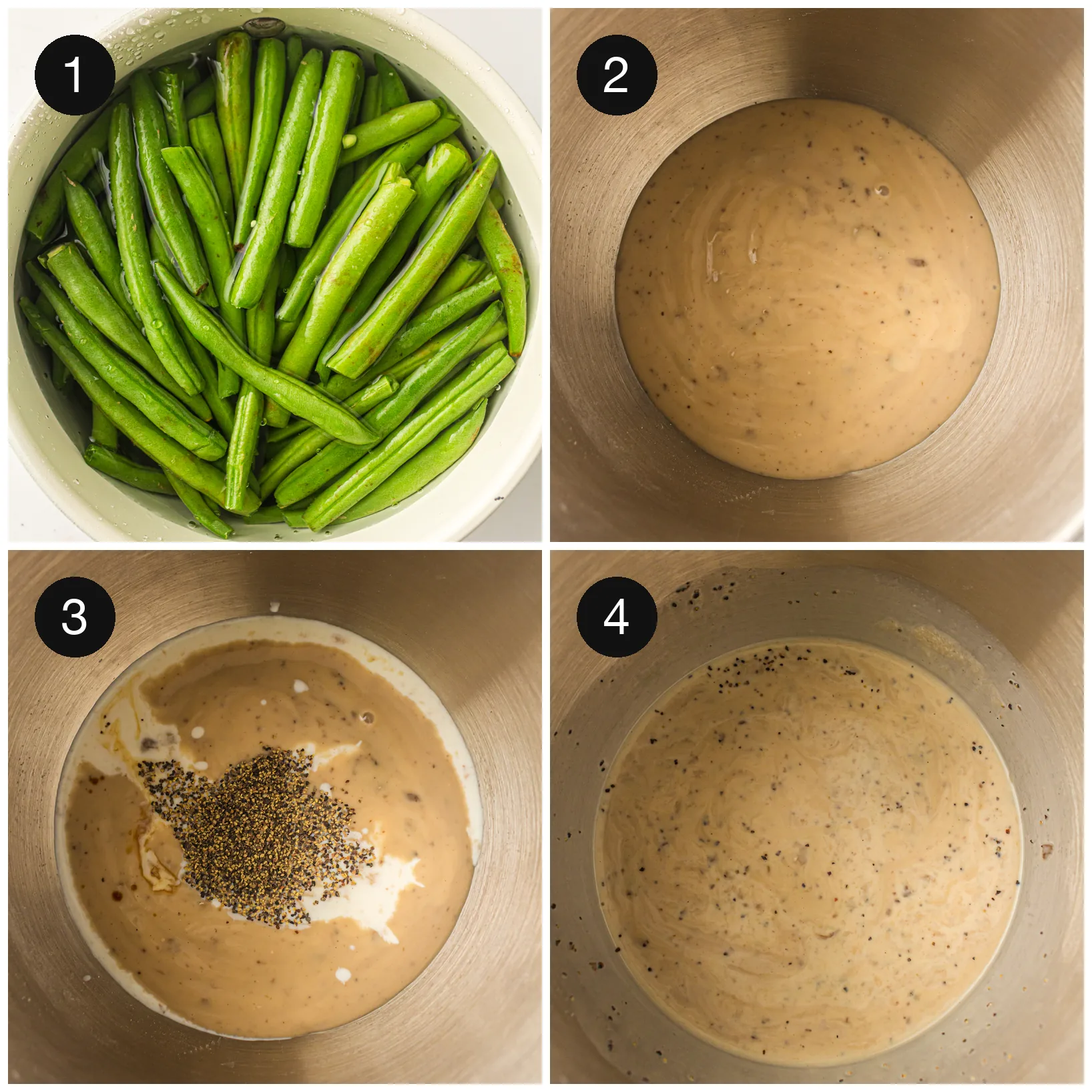 Trimmed beans in a bowl beside the soup, milk and pepper whisked into a smooth sauce