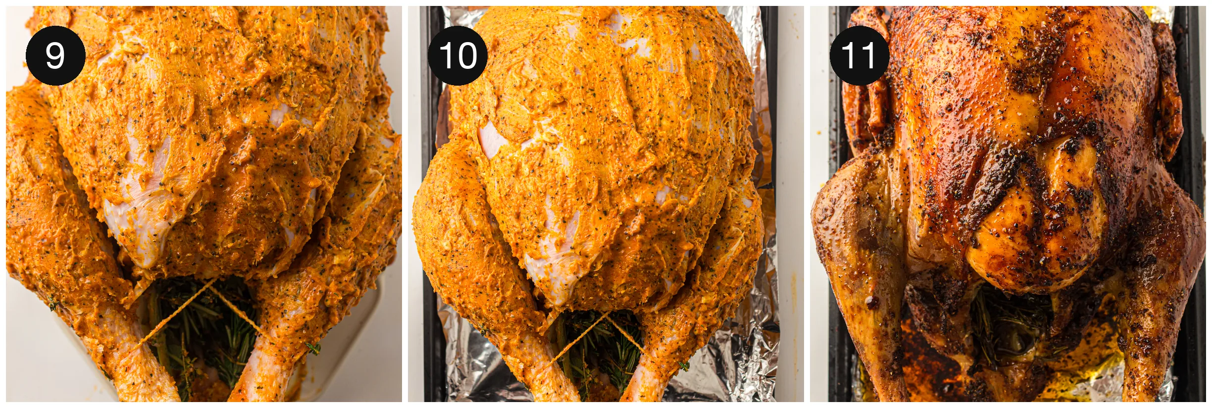 The trussed bird ready for the oven, then golden and burnished after roasting
