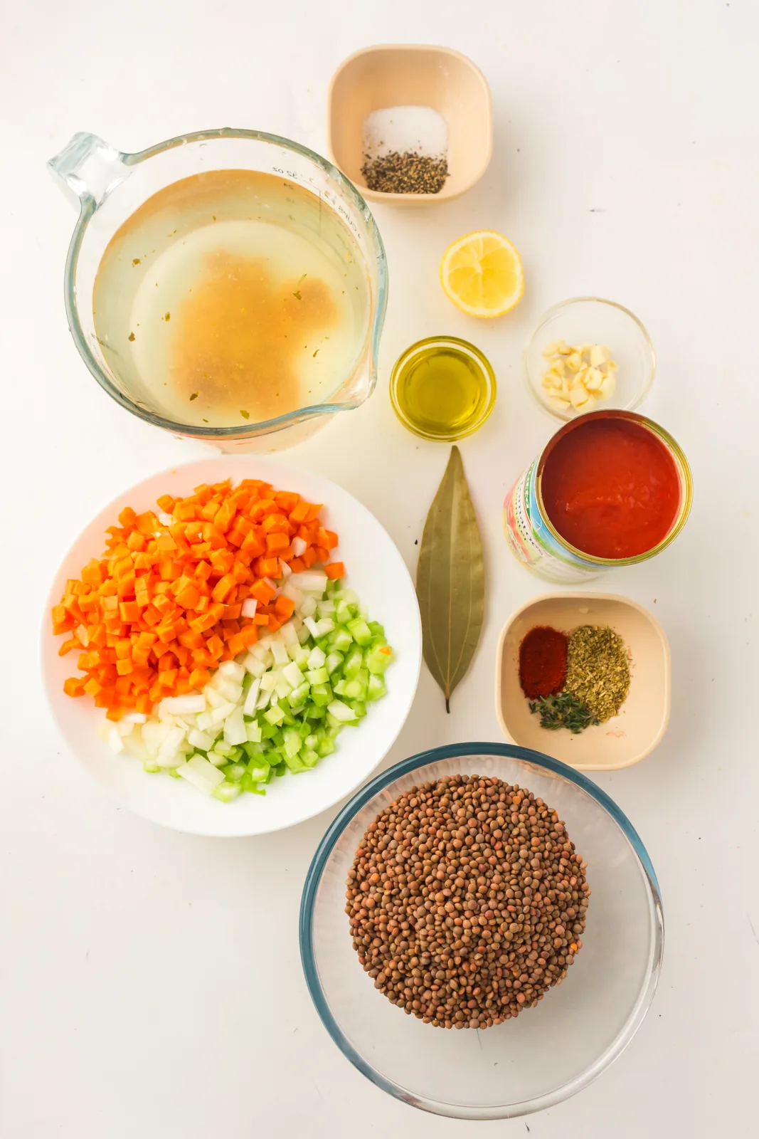 Ingredients for vegetarian lentil soup: brown lentils, broth, diced carrot, celery and onion, tomatoes, garlic, bay leaves and spices