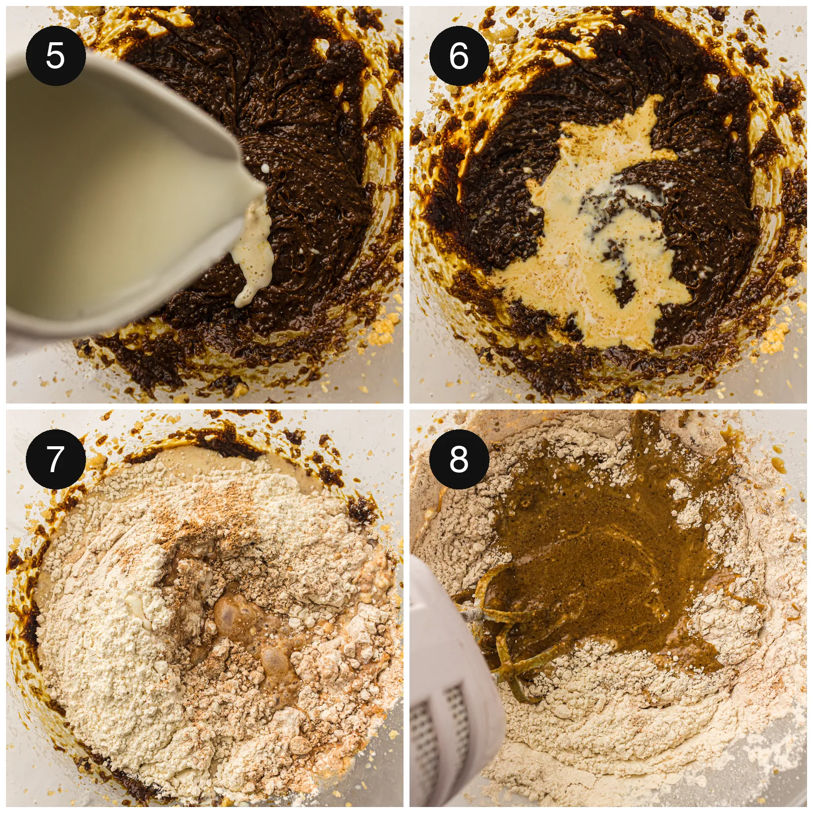 Warm milk being poured in, then the spiced flour folded through the batter