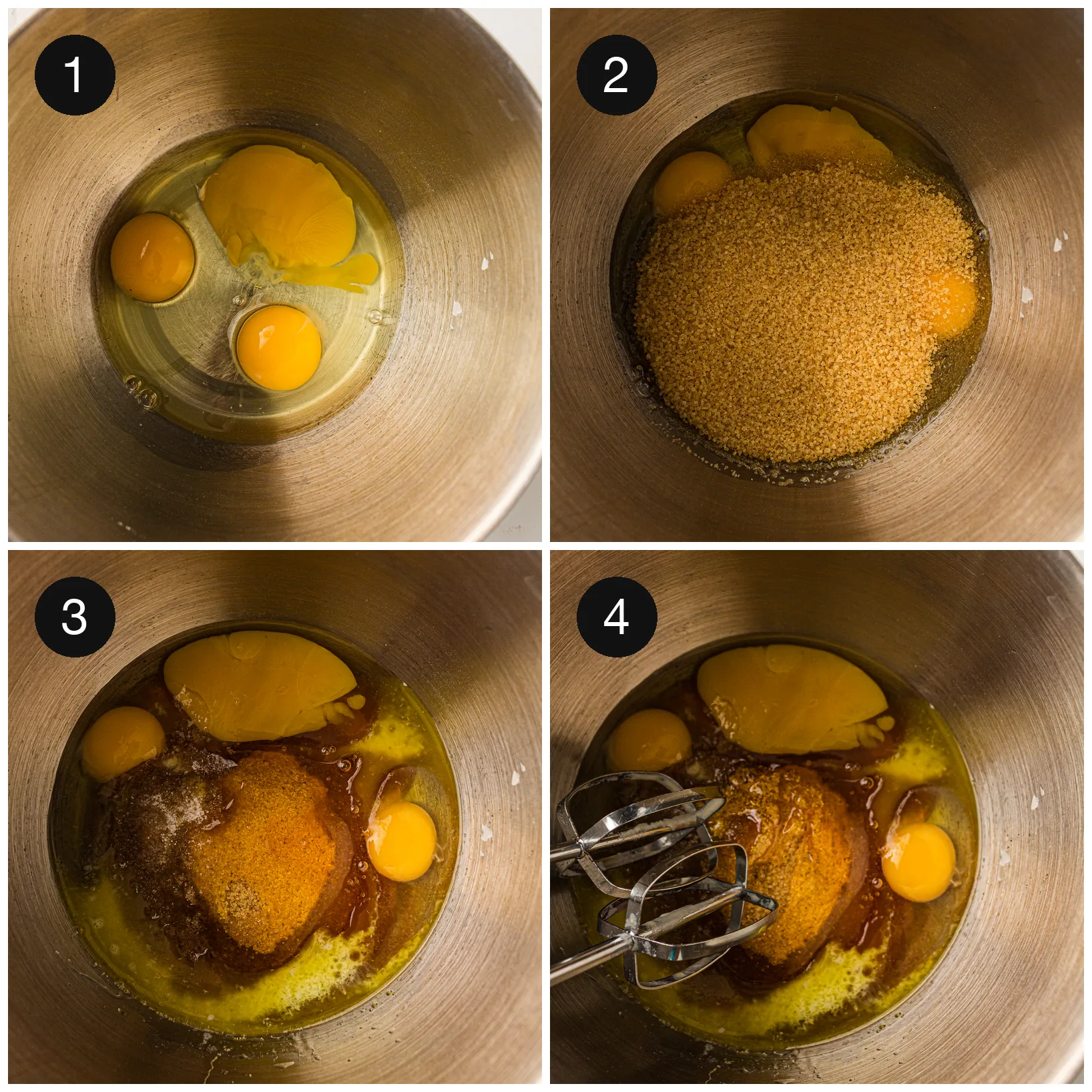 Eggs, brown sugar, syrup and melted butter being whisked into a smooth caramel mixture