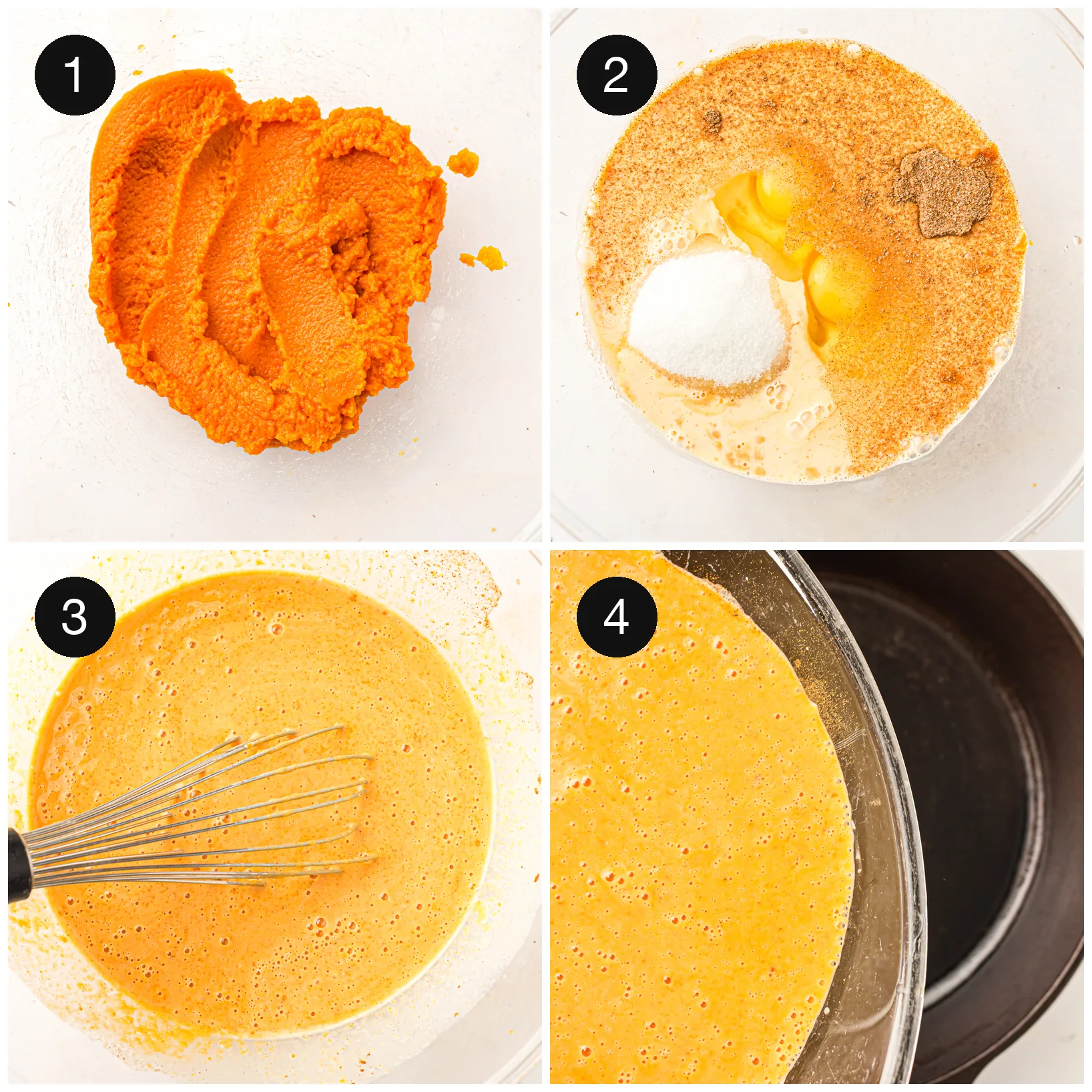 Pumpkin puree whisked with evaporated milk, eggs, sugar and warm spice until smooth