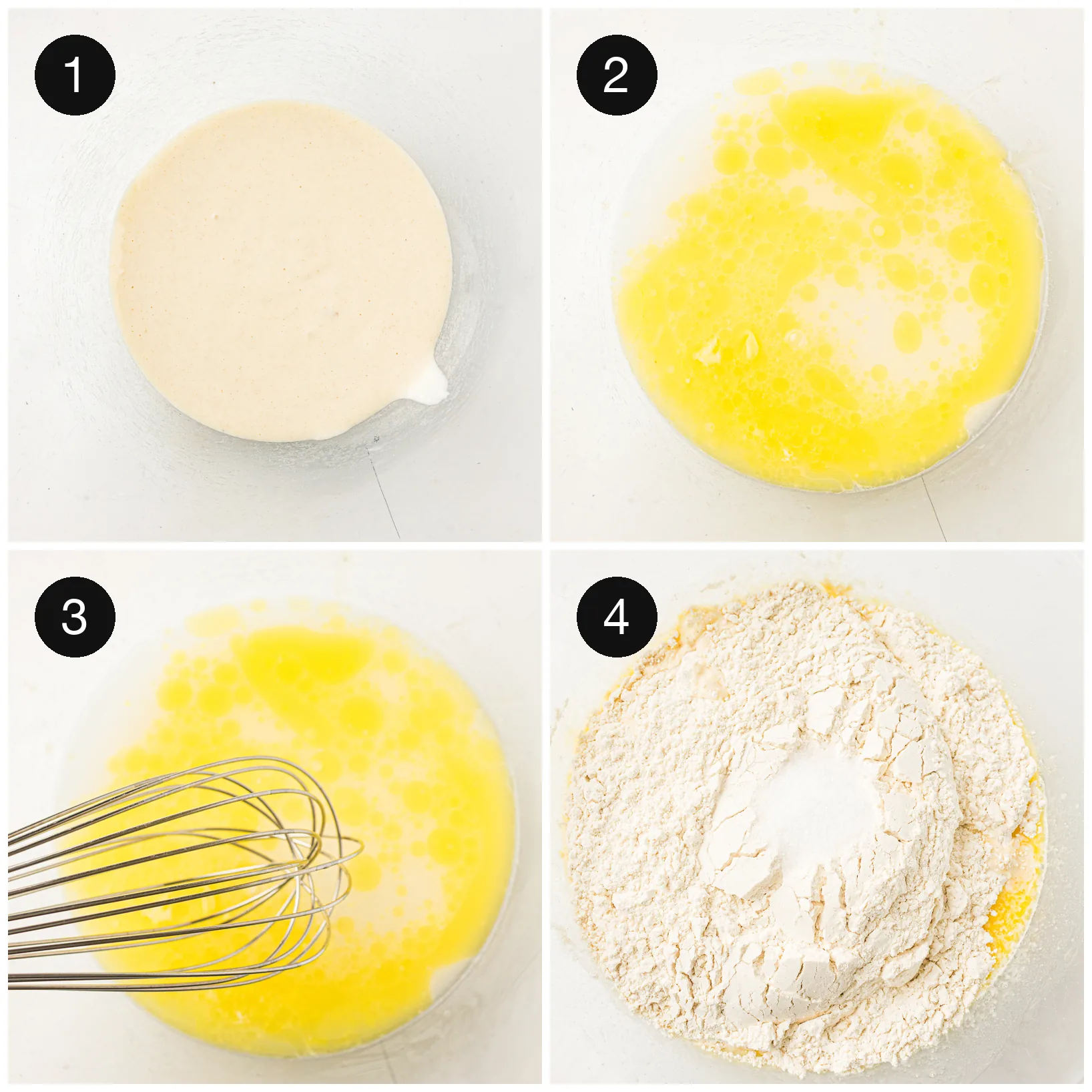 Starter, warm milk and melted butter whisked together, then flour added