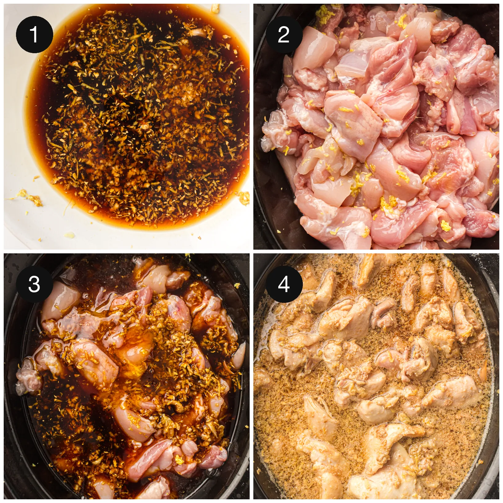 The glaze whisked in a bowl, diced meat in the pot, and the glaze poured over
