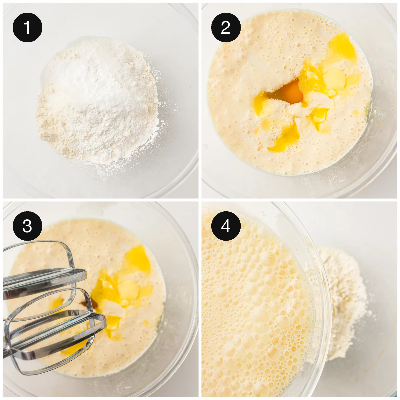 Flour and raising agents in a bowl, then the starter beaten with egg, milk and butter