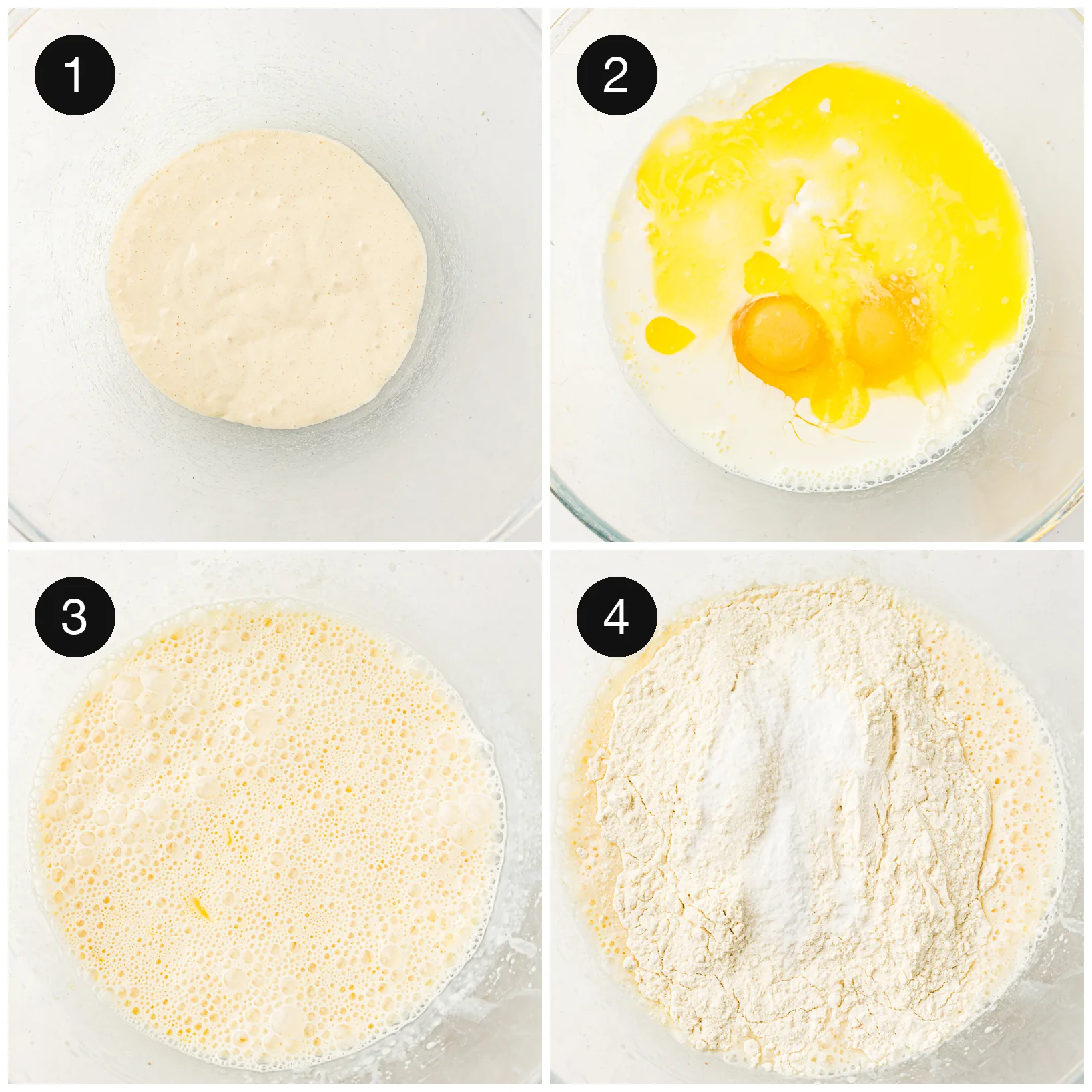 Starter, milk and eggs whisked together into a smooth pale batter