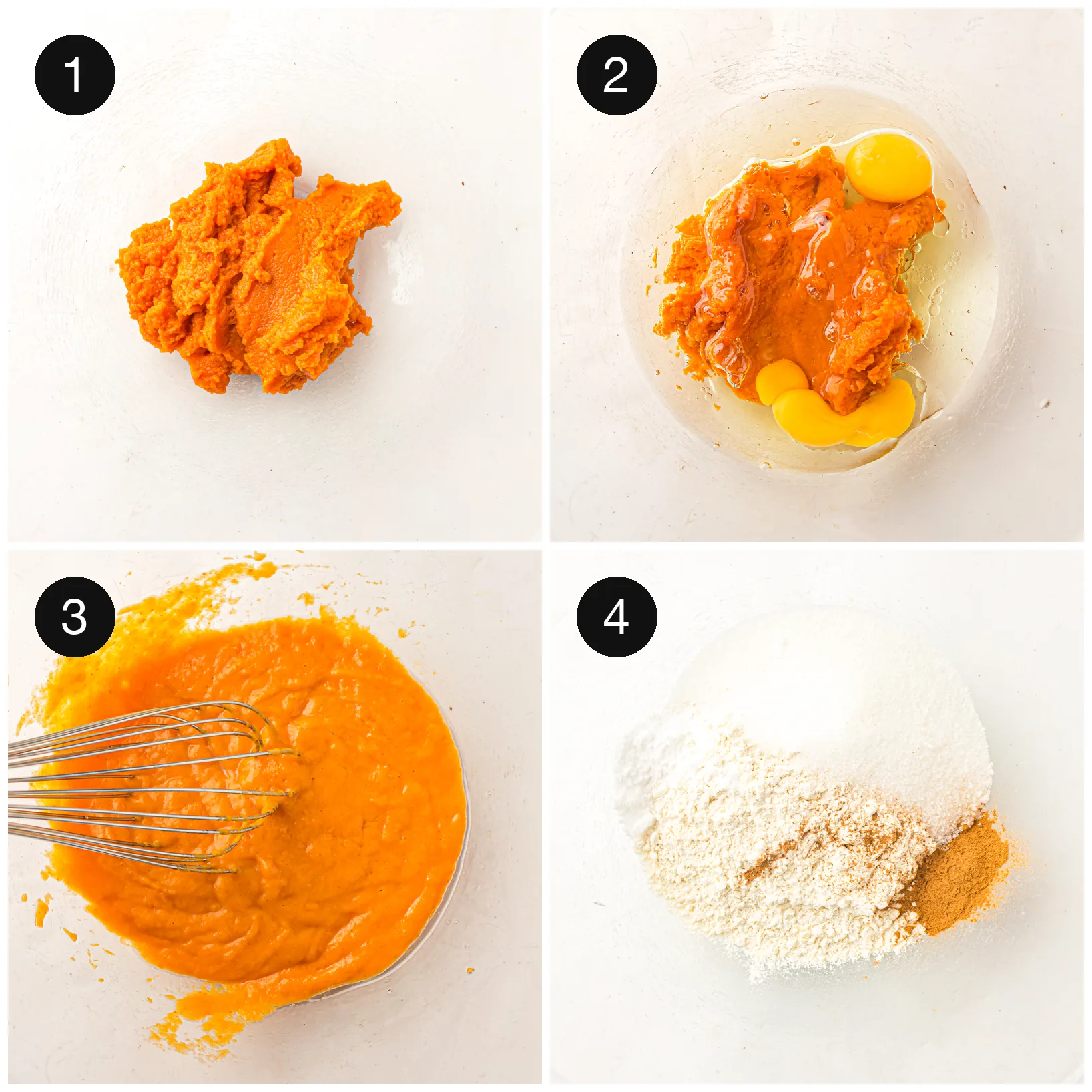 Purée, eggs and oil being whisked together into a smooth orange mixture