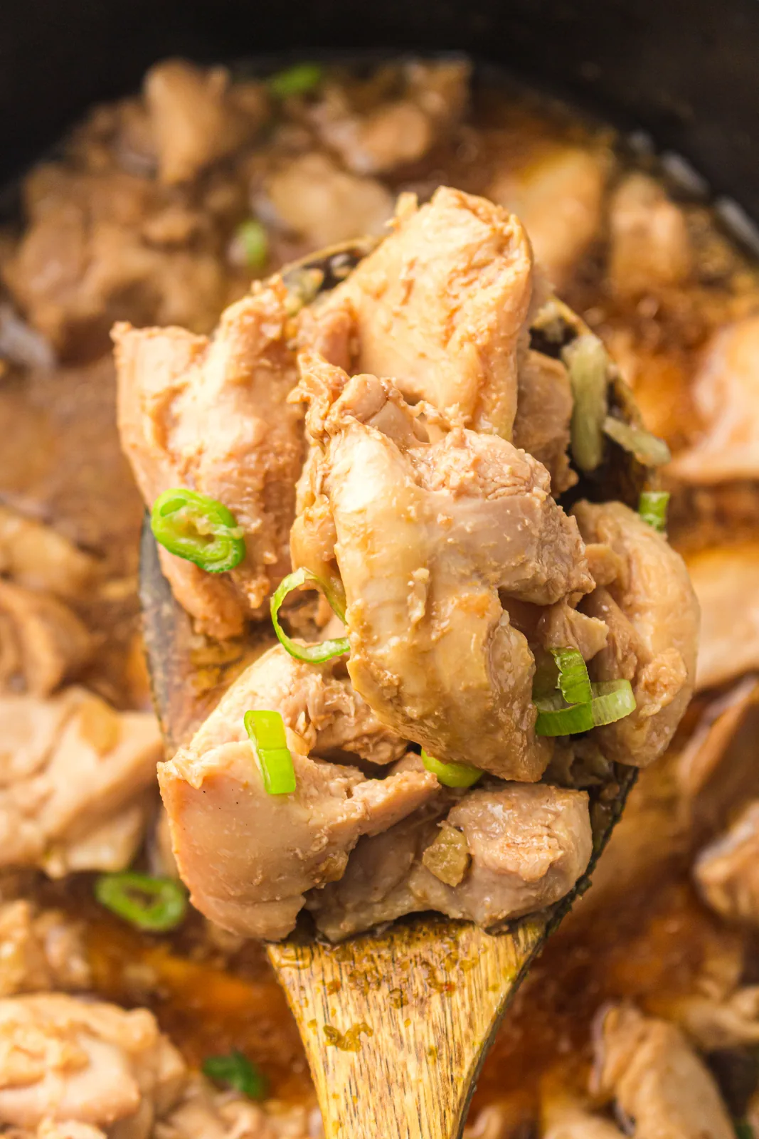 A wooden spoon lifting tender pieces out of the amber sauce