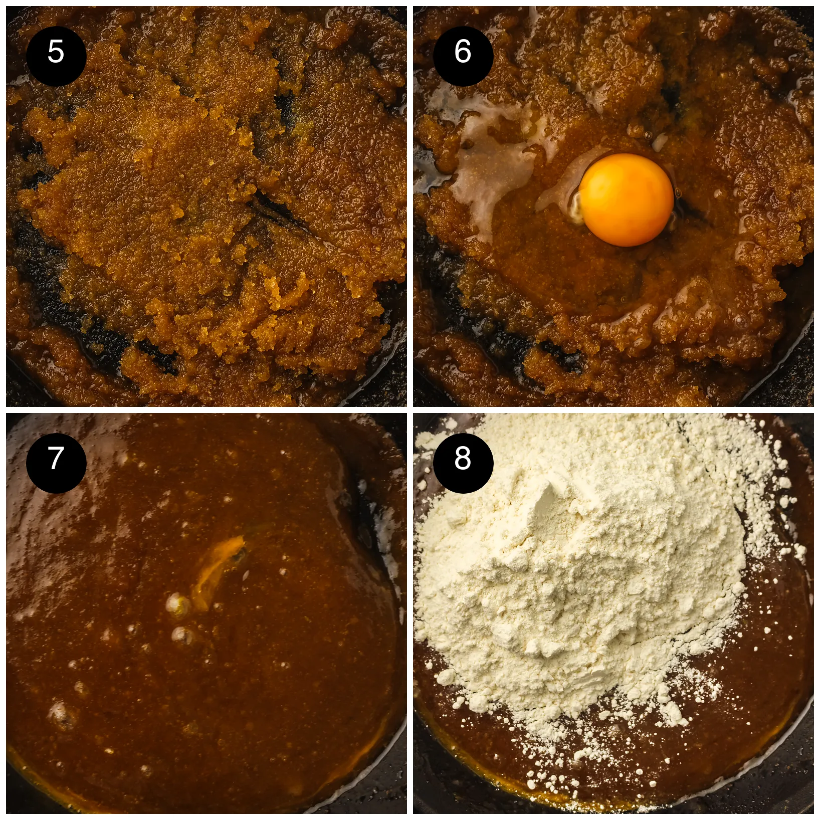 Four step photos: the sugars stirred into the butter, an egg added, vanilla mixed in and flour tipped on top