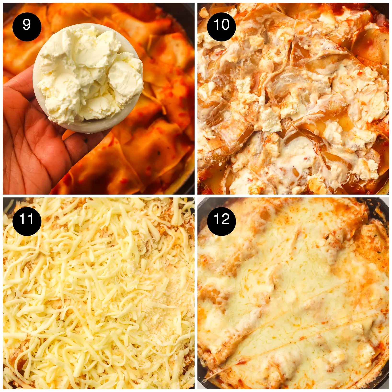 Four step photos: a bowl of ricotta, ricotta dotted over the pasta, mozzarella and Parmesan scattered, then the melted cheese