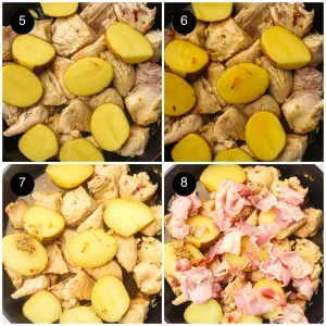 Halved baby potatoes on the browned pieces with seasoning and stock, then the rashers stirred back in