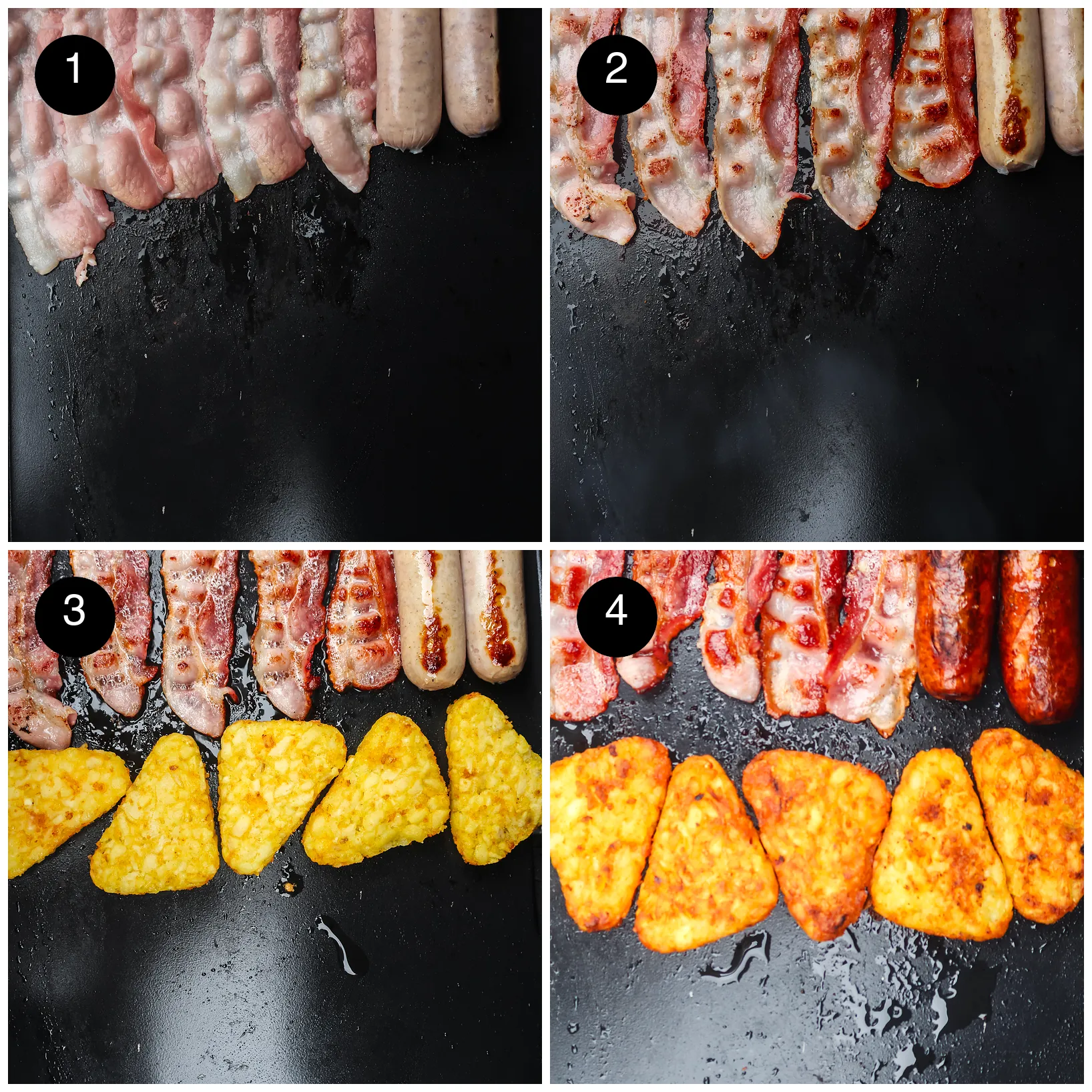 Four step photos: raw streaky bacon and pork sausages on a black flat top, browning, pale potato triangles added below and fried golden