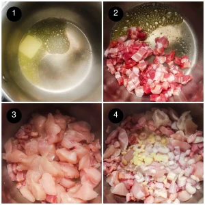 Butter melting, then smoked bacon, diced thigh pieces, shallots and garlic in a steel pan