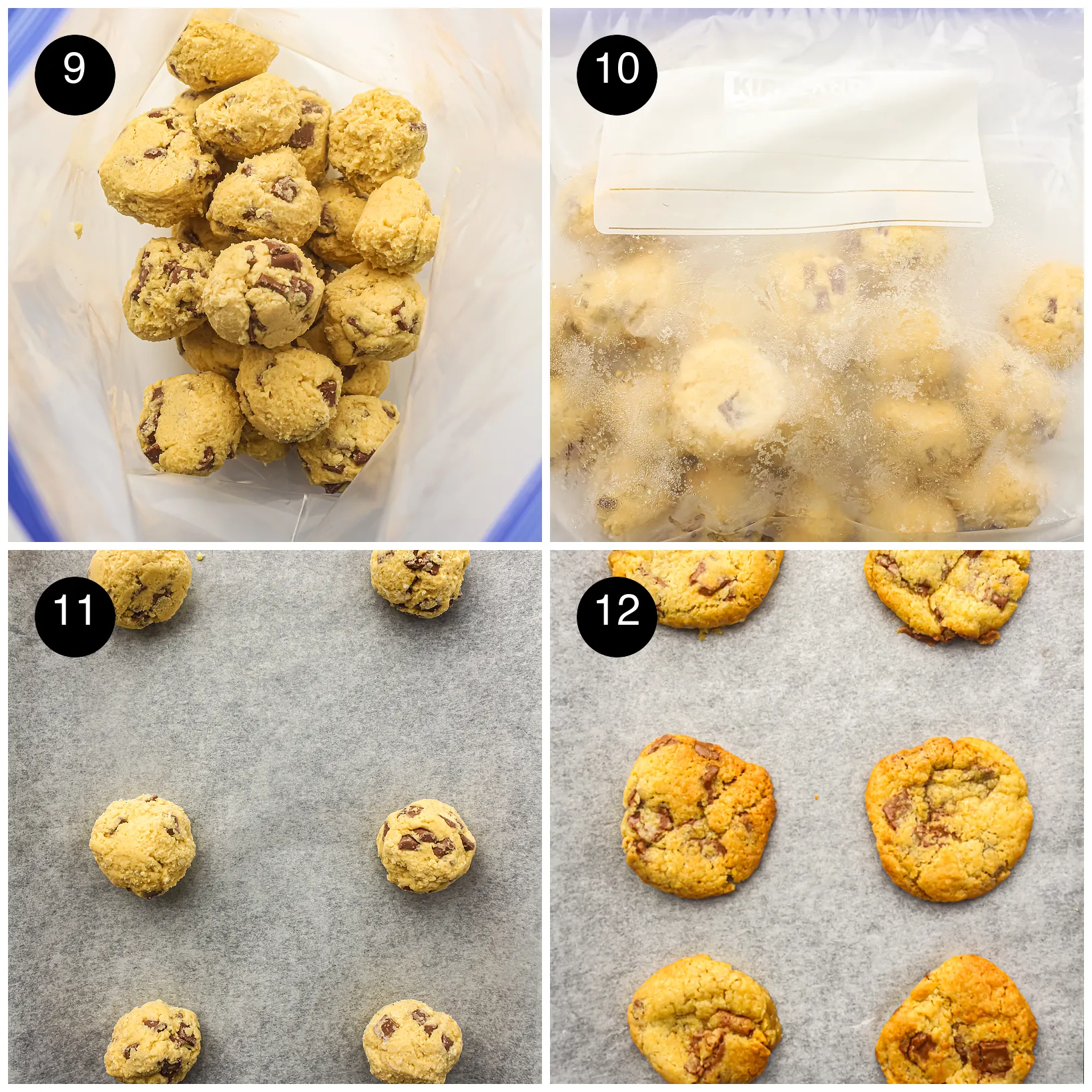 Four step photos: solid scoops in a zip bag, the labelled bag, spaced on a tray and baked golden