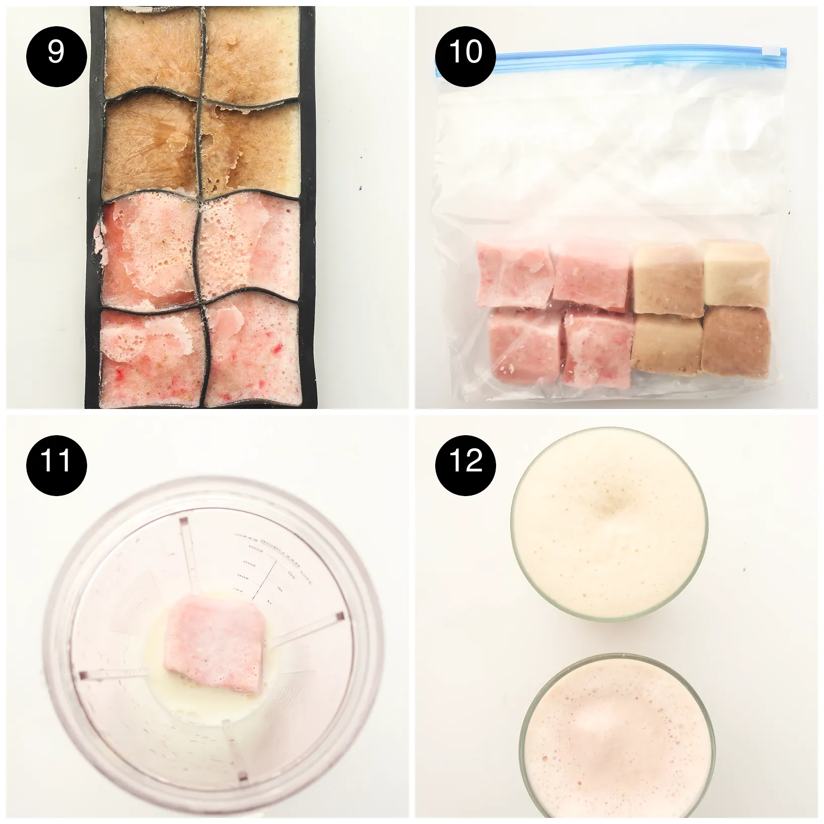 Four step photos: the tray set solid, portions in a zip bag, one in the blender with milk and two finished glasses