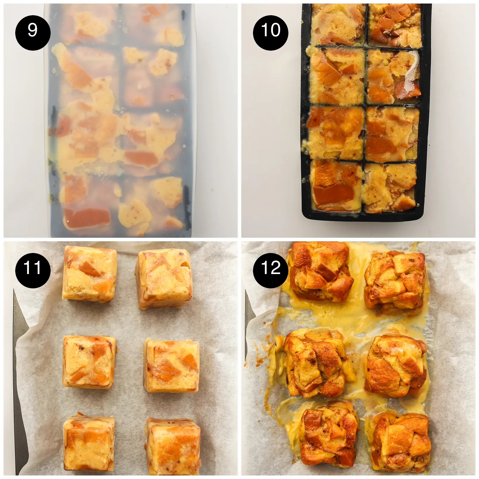 Four step photos: the covered tray set solid, blocks unmoulded onto parchment and baked until golden