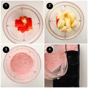 Four step photos: strawberries and sliced banana in a blender jug, blended pink and poured into a silicone tray