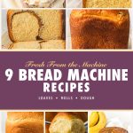 Bread machine recipes pin with cinnamon rolls, a swirl loaf, dinner rolls and banana bread