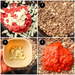 Four step photos: raw mince and diced onion in the pan, browned beef, minced garlic added, then marinara spooned in