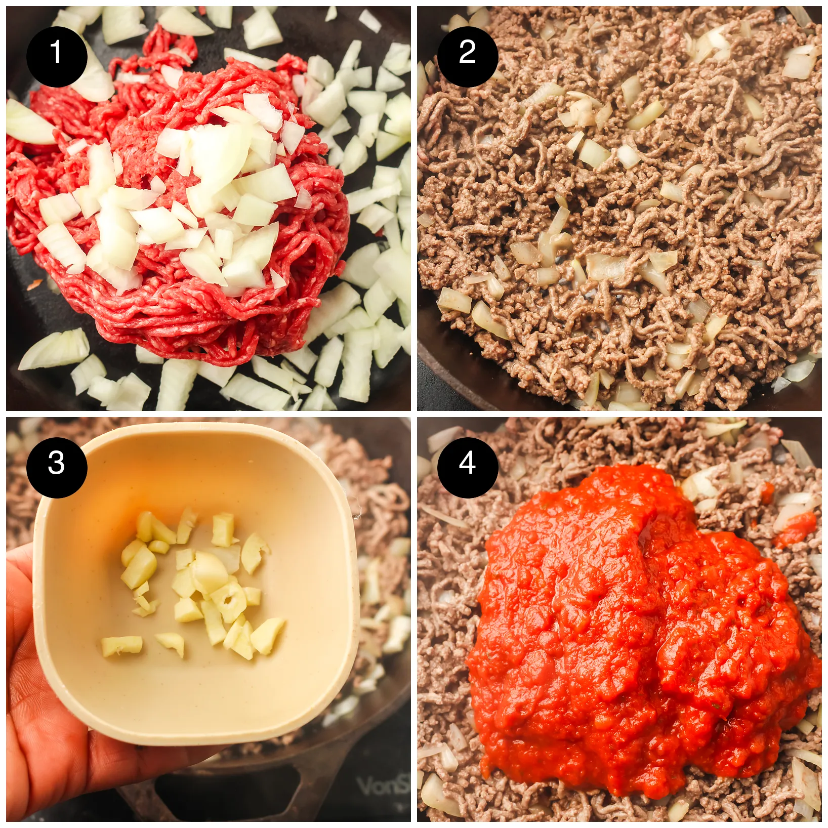Four step photos: raw mince and diced onion in the pan, browned beef, minced garlic added, then marinara spooned in