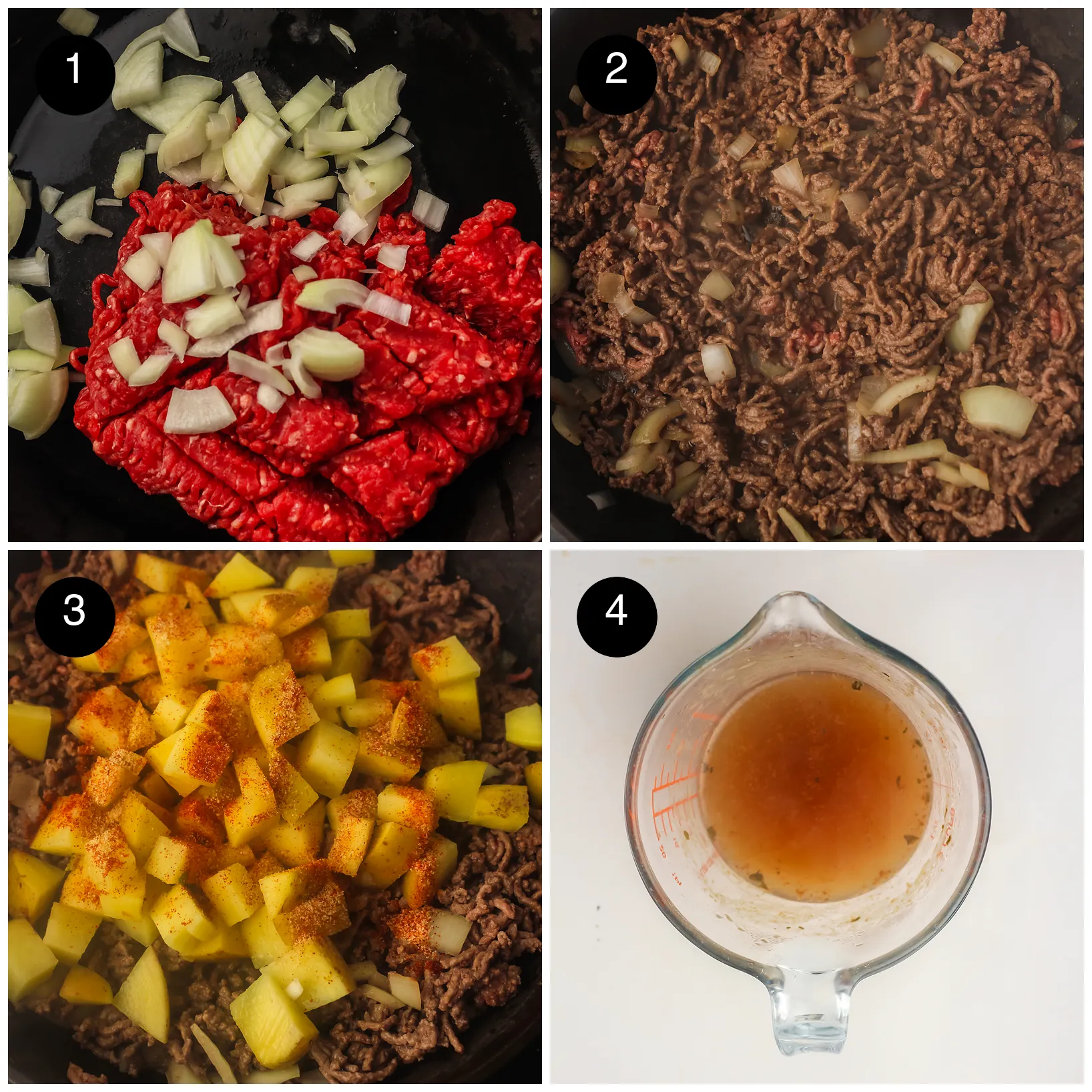 Four step photos: raw mince and onion in a cast iron pan, browned beef, potatoes and paprika added, and a jug of stock