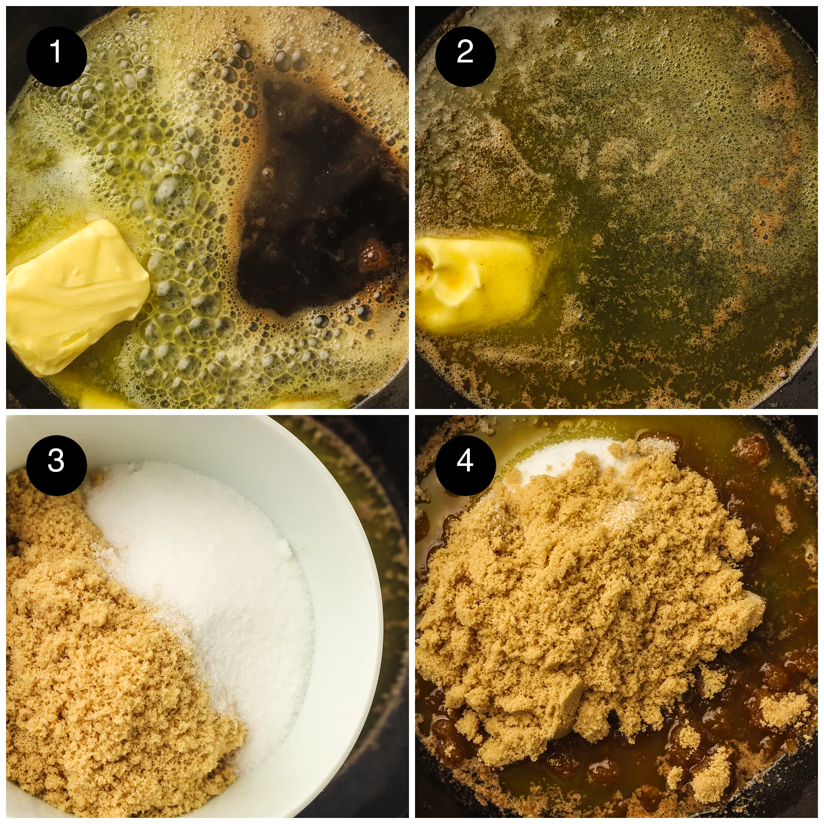 Four step photos: butter foaming and browning in a cast iron pan, then brown and white sugar added