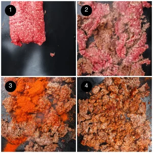 Four step photos: raw minced beef on a black flat top, breaking it up as it browns, adding red taco spice and the finished seasoned mince