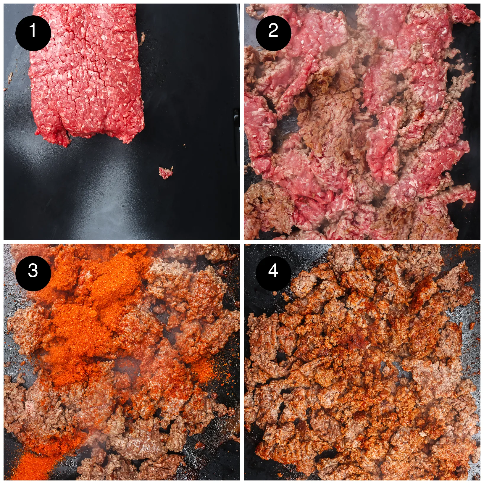 Four step photos: raw minced beef on a black flat top, breaking it up as it browns, adding red taco spice and the finished seasoned mince