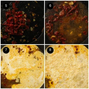 Four step photos: garlic and sun-dried tomatoes in the pan, broth poured in, cream added, then Parmesan scattered over