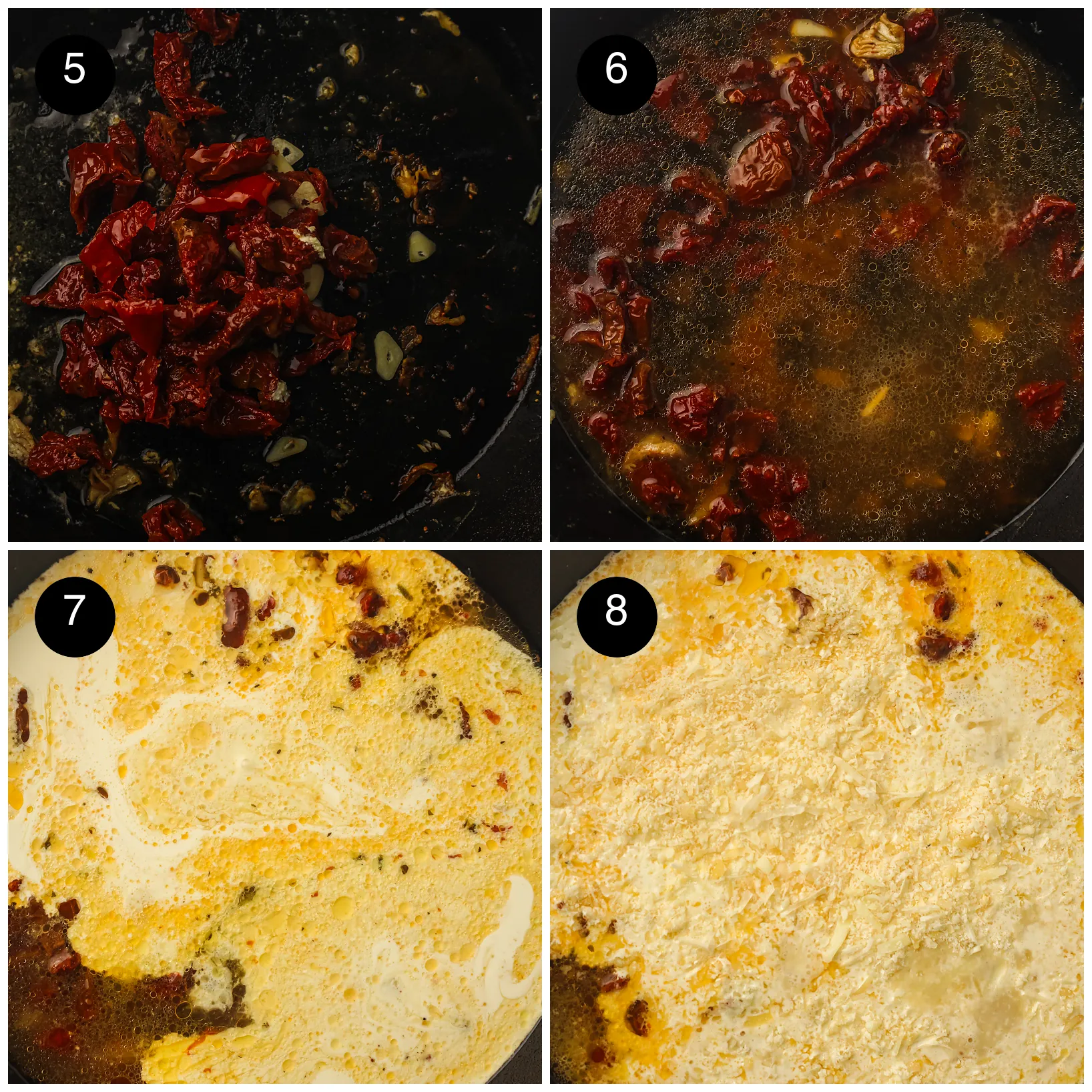 Four step photos: garlic and sun-dried tomatoes in the pan, broth poured in, cream added, then Parmesan scattered over