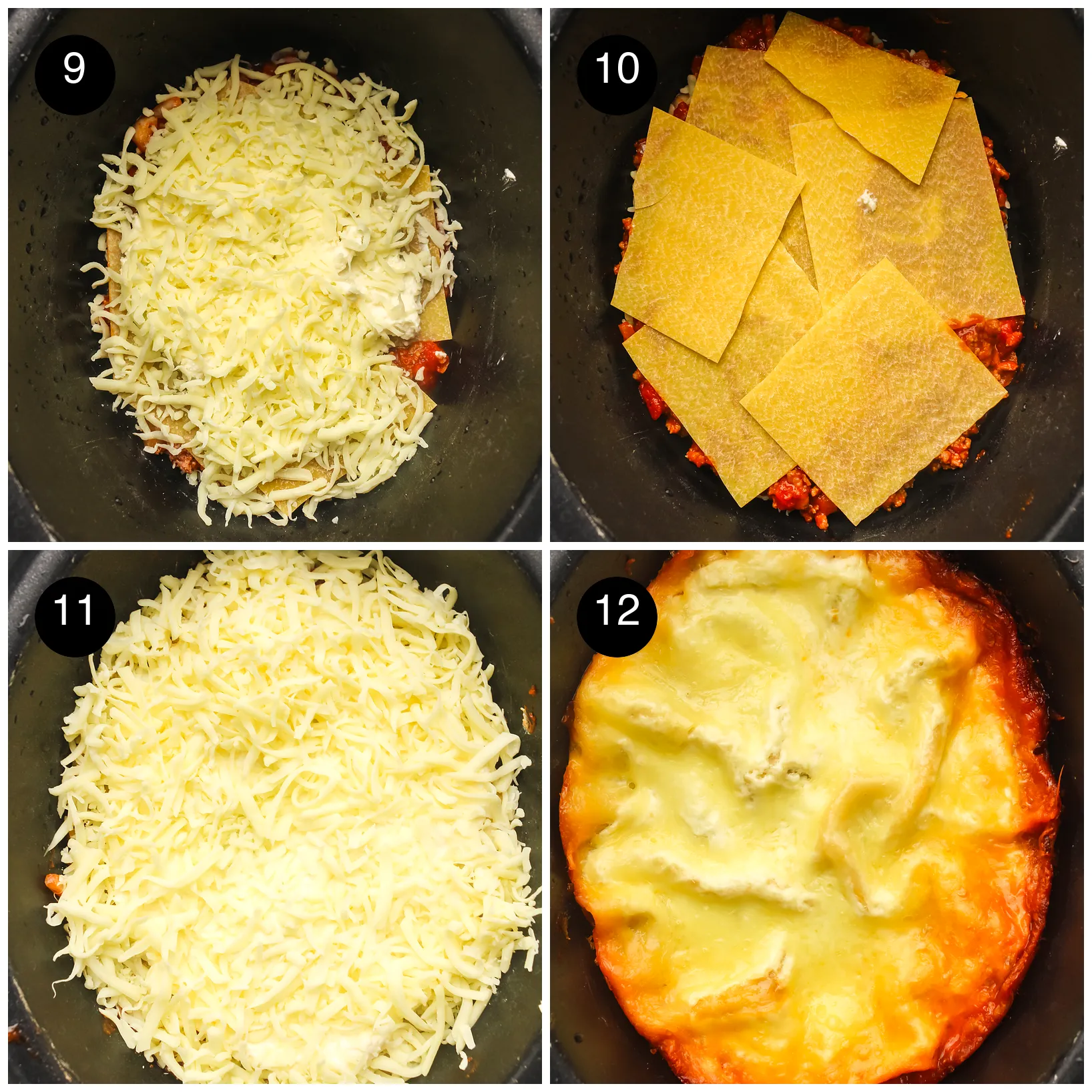 Four step photos: shredded mozzarella, another layer of pasta sheets, a final blanket of cheese, then the bubbling cooked top