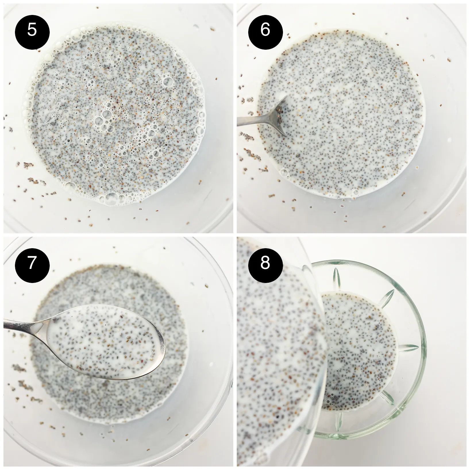 Four step photos: the bubbly mixture resting, stirred again, thickened on a spoon and poured into a serving glass