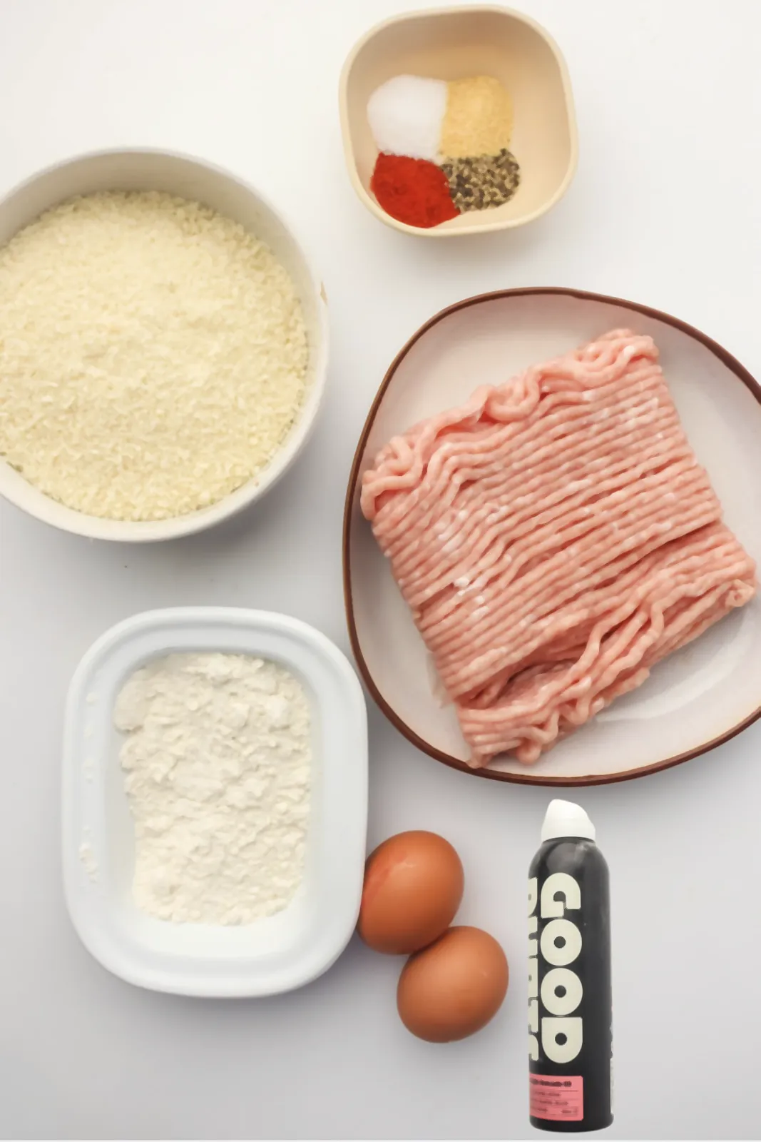 Ingredients for chicken schnitzel: chicken mince, panko, flour, eggs, spices and oil spray