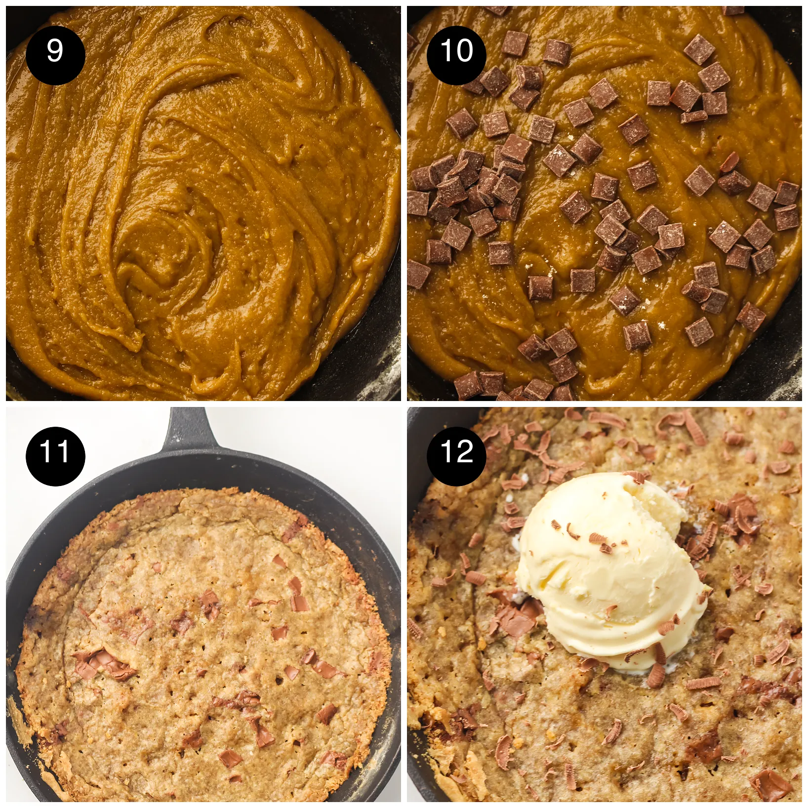 Four step photos: thick dough, chocolate chunks scattered over, the golden finished bake and a scoop of ice cream