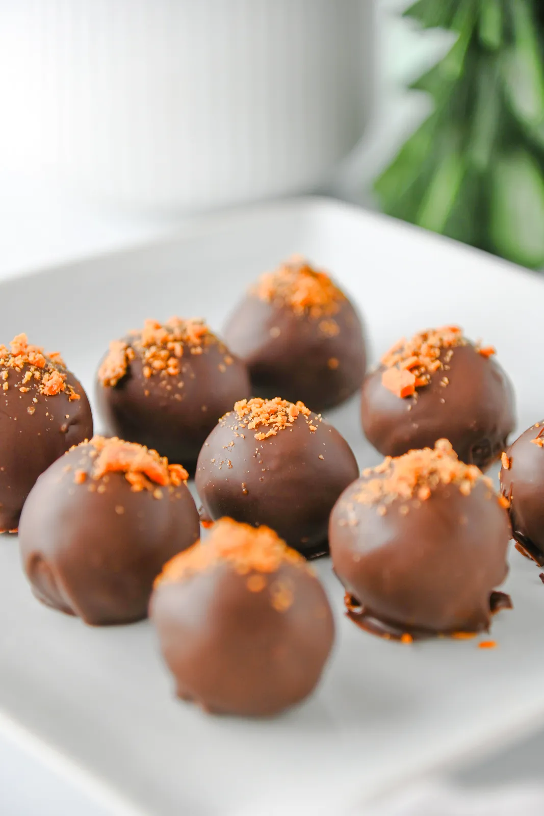 Chocolate dipped truffles with crunchy orange crumbs up close