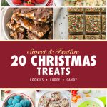 Christmas treats collage pin with Santa macarons, butter cookies, pretzel bark and fudge