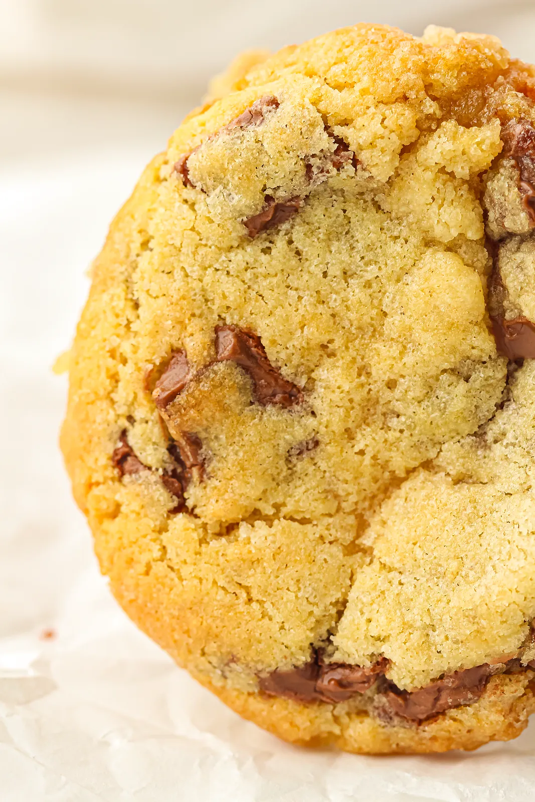 Close up of a golden, crackled round studded with melted chocolate chunks