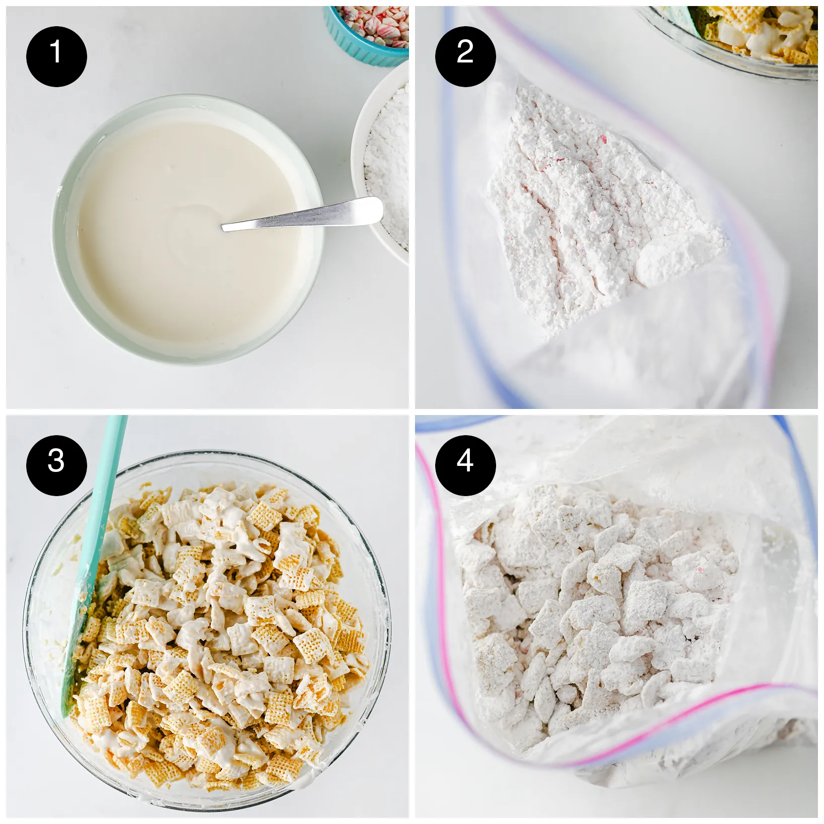 Four step photos: melted white coating, sugar in a bag, cereal folded through and shaken in the bag